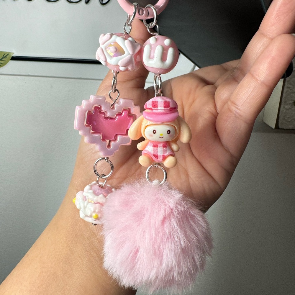 My Melody with Pink Fuzzy Pom Pom and Heart Phone/Key/Bag Chain